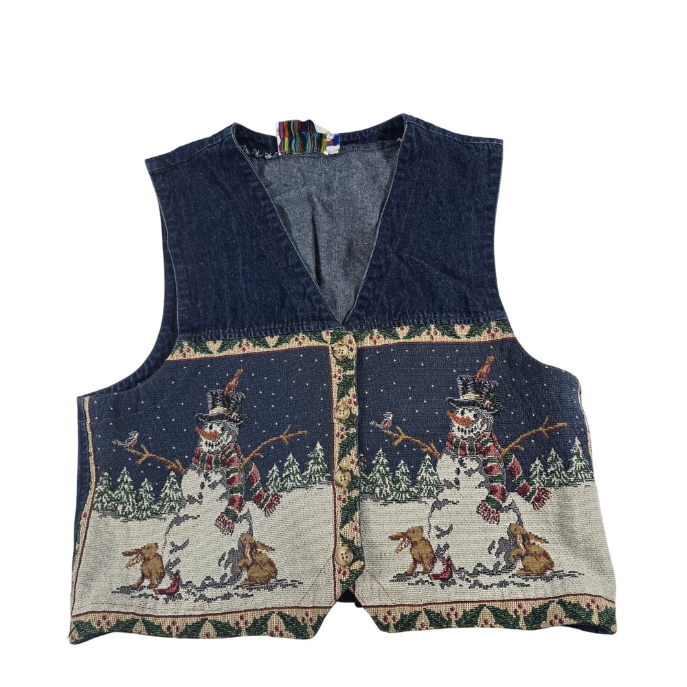 On The Verge Vintage Snowman Tapestry Denim Vest Blue Christmas Made in‎ USA L